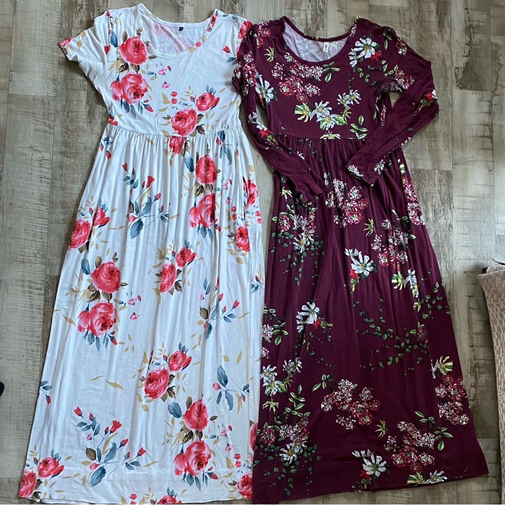 Floral Scoop Neck Short Long Sleeve Maxi Dress Bundle White Burgundy Modest